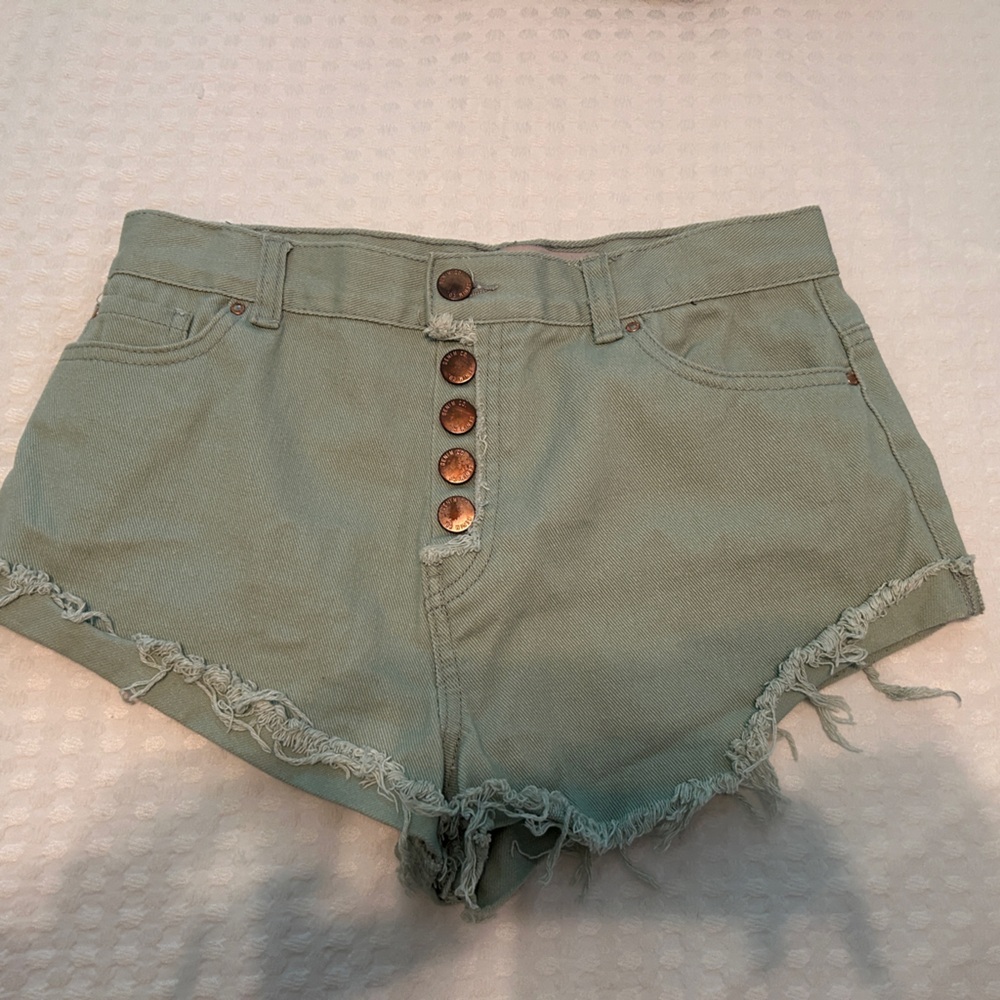 Green Jean Shorts High-Waisted Distressed